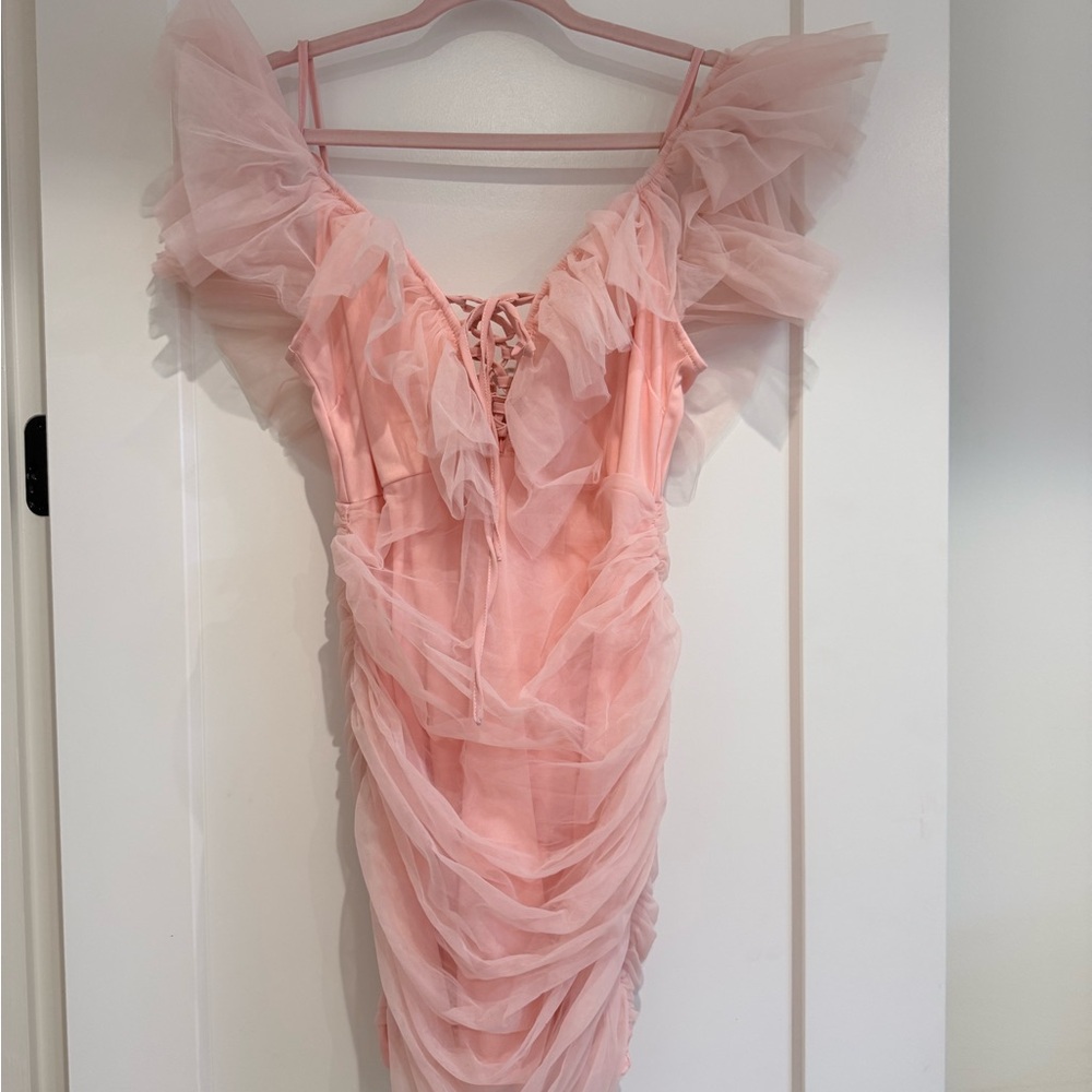 Nasty Gal Pink Ruffled Tulle Midi Dress